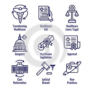 Health Laws and Legal icon set depicting various aspects of the legal system