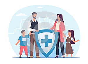 Health and life insurance, shield of protection for parents and children. Cartoon flat isolated family. Healthcare and