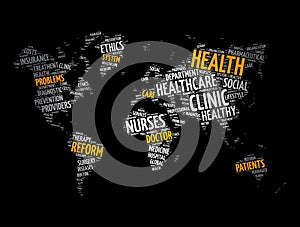 Health and Life World Map in Typography, sport, health, fitness word cloud concept background