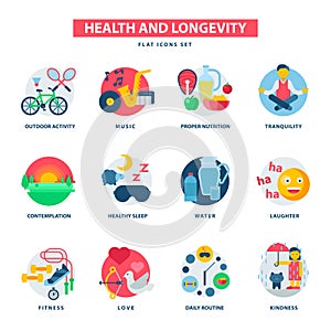 Health and longevity icons modern activity durability vector natural healthy life product food nutrition illustration