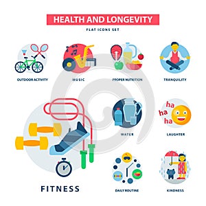 Health and longevity icons modern activity durability vector natural healthy life product food nutrition illustration