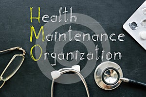 Health maintenance organization HMO is shown on the conceptual business photo