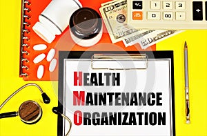 Health maintenance organization. Text label in the insurance planning form. photo