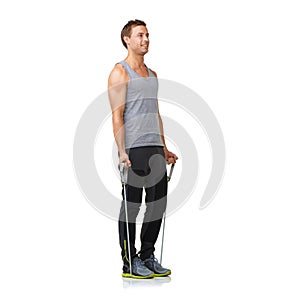 Health, man and resistance band for fitness in studio, gym and commitment for strong muscles with biceps. Sports person