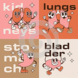 Health medical banners set with trendy retro cartoon human organ characters. Kids clinic or family doctor medical