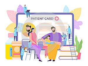 Health medical care concept, family doctor vector illustration. Patient card in medicine business service, flat hospital