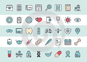 Health medical equipment medicine icons pack line and fill