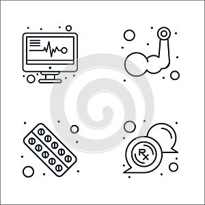 health and medical line icons. linear set. quality vector line set such as rx, medicine, arm