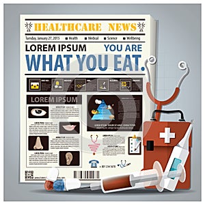 Health And Medical Newspaper Lay Out With Syringe, Medicine, Fir