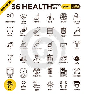 Health and medical pixel perfect outline icons