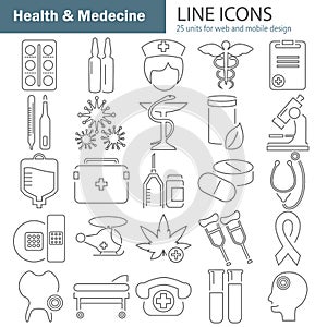 Health and Medicine line icons set for web and mobile design