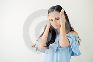 Health And Pain. Stressed Exhausted Young Woman Having Strong Tension Headache