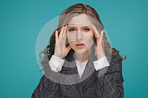 Health And Pain. Stressed Exhausted Young Woman Having Strong Tension Headache. Closeup Portrait Of Beautiful Sick Girl