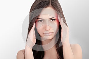 Health And Pain. Stressed Exhausted Young Woman Having Strong Tension Headache. Closeup Portrait Of A Beautiful Sick Girl Sufferin