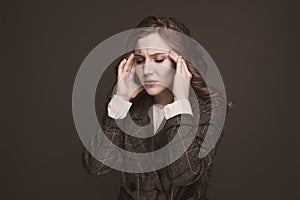 Health And Pain. Stressed Exhausted Young Woman Having Strong Tension Headache. Closeup Portrait Of Beautiful Sick Girl