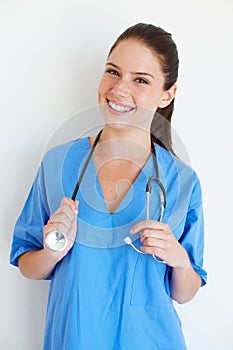 Health portrait, stethoscope and nurse happy for nursing career, medical healthcare or cardiology studio. Medicine