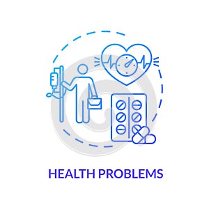 Health problems blue concept icon. Ill patient. Prescripted medication. Heart problems. Stress from work. Burnout