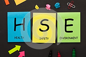 Health Safety Environment - HSE text on color notes