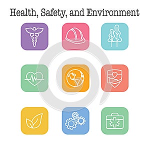 Health Safety and Environment Icon Set  with medical, safety, & leaves icons