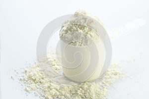 Health: Scoop of Whey Protein on White Background Shot in Studio