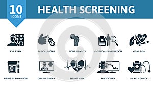 Health screening set. Creative icons: eye exam, blood sugar, bone density, physical examination, vital sign, urine