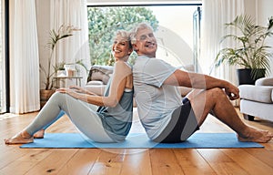 Health, senior couple and doing yoga, meditation and smile for wellness, fitness and workout on yoga mat together