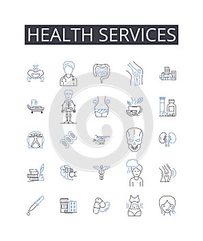 Health services line icons collection. Medical care, Wellness facilities, Healthcare institutions, Physical therapy