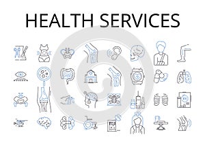 Health services line icons collection. Medical care, Wellness facilities, Healthcare institutions, Physical therapy