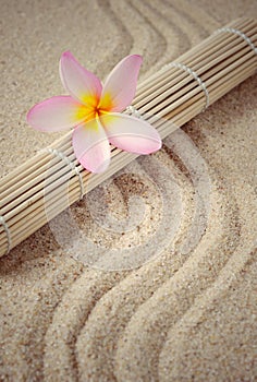 Health spa setting with bamboo mat and frangipani flower