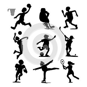 Health sport black silhouette wellness flat people characters sporting man activity woman athletic vector Illustration.