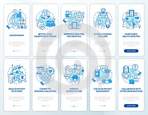 Health system transformation blue onboarding mobile app screen set