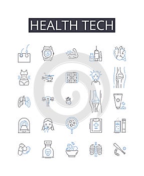 Health tech line icons collection. Medical technology, Digital health, Healthcare IT, Telehealth, eHealth, Health