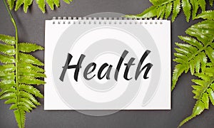 HEALTH text with real leaves tropical jungle background.flat lay design