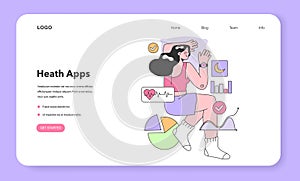 Health tracker smartwatch web banner or landing page. Character
