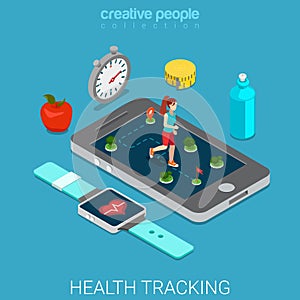 Health tracking technology phone run vector flat 3d isometric