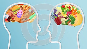 Health and unhealth Food eat in brain. Human head silhouette Diet choice healthy lifestyle concept. photo