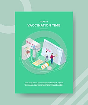 Health vaccination time people standing front calendar around drug syringe for template flyer and print banner cover book books