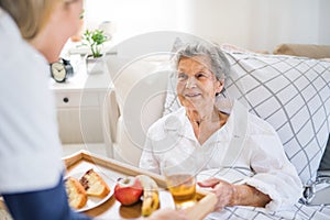 A health visitor bringing breakfast to a sick senior woman lying in bed at home.