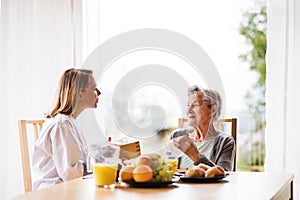 Health visitor and a senior woman during home visit.