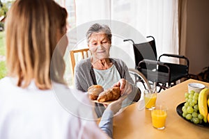 Health visitor and a senior woman during home visit.