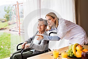 Health visitor and a senior woman during home visit.