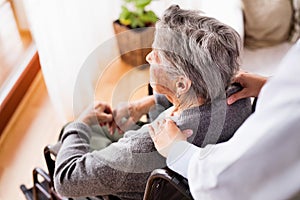 Health visitor and a senior woman during home visit.