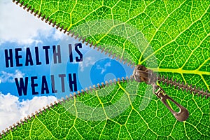 Health is wealth word under zipper leaf