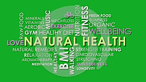 Health and wellbeing related text word cloud.