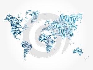 Health word cloud in shape of world map, medical concept background