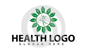 health yoga logo on white and green round circle in human icon and green leaf for fitness center