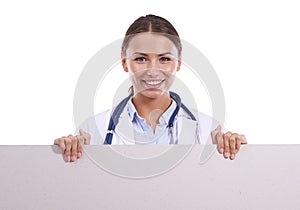 Healthcare, banner or portrait of woman doctor with studio mockup for hospital, news or info on white background. Poster