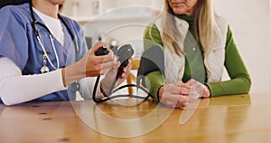 Healthcare, blood pressure and nurse with elderly woman at table in apartment for test. Retirement, senior care and old
