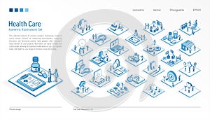 Healthcare Business Isometric illustrations set. Busy people teamwork 3d medical scenes. Men, women hospital work team