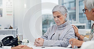 Healthcare, cancer or bad news with a senior woman and friend talking to a doctor in the hospital. Medical, support and